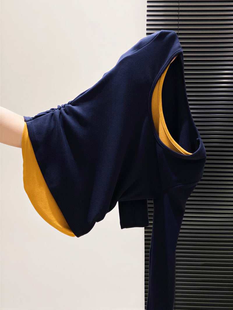 S-XL 深藍色疊穿感 | 圓領修身假兩件長袖T恤