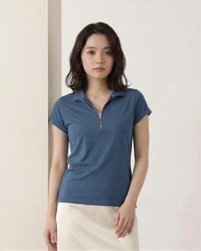 半拉鍊V領修身短袖T恤