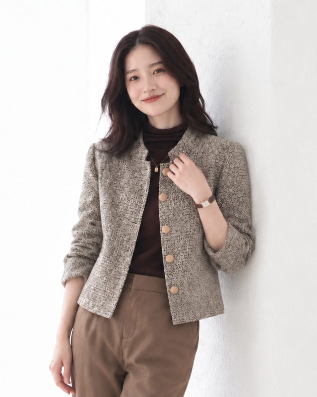 「秋季新品 」 S-XL 粗花呢圓領金釦小香風外套