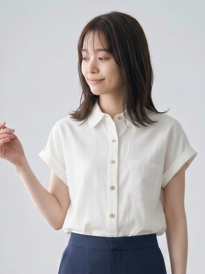 翻領前扣捲袖寬鬆短袖襯衫