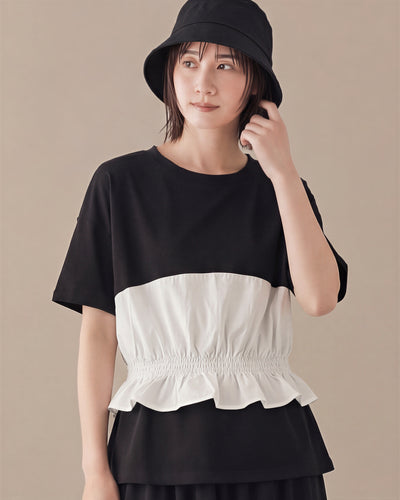 拼接荷葉邊收腰短袖T恤-黑色 X 白色-XL