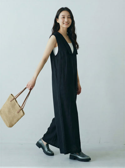 深V翻領闊腿無袖連身褲