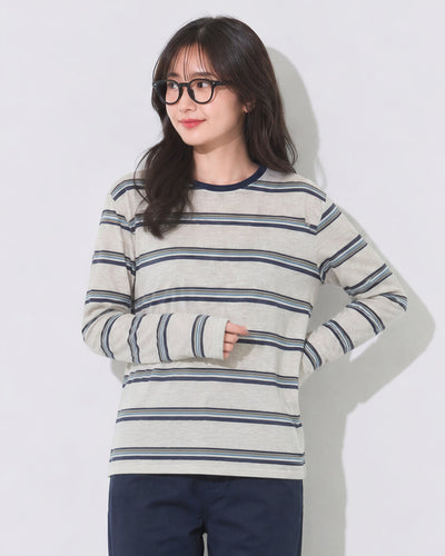 S-XL 灰米色條紋圓領寬鬆長袖T恤