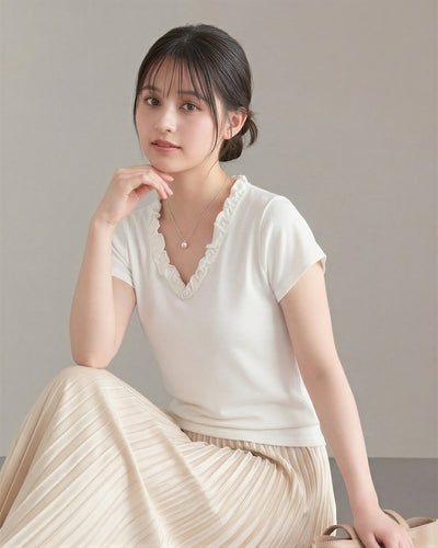 荷葉邊V領修身短袖針織上衣-白色-XL