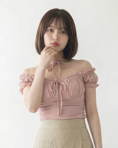 淺粉色掛脖綁帶褶皺收腰襯衫