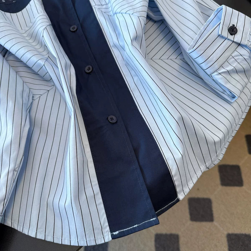 「秋季新品 」L~4XL 拼接條紋印花襯衫