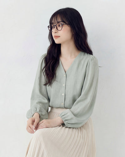 V領門襟排扣泡泡袖長袖襯衫