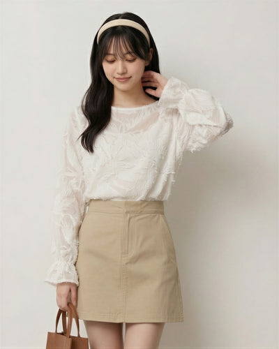 立體提花透膚感寬袖雪紡襯衫-淺米色-XL