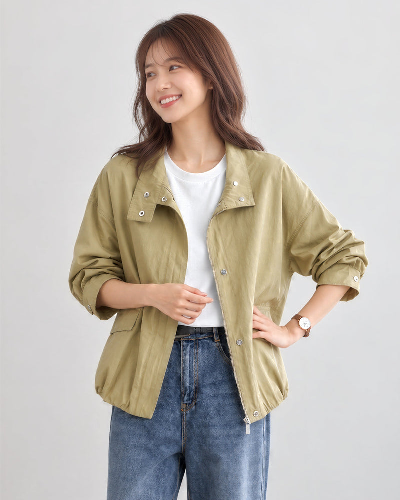 「兩色」「秋季新品 」M-L 品質甄選 高立領寬鬆插肩夾克