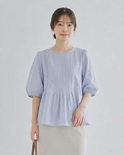 圓領壓褶收腰襯衫-淺紫色-3XL