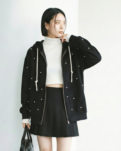 珍珠點綴連帽拉鍊衛衣外套