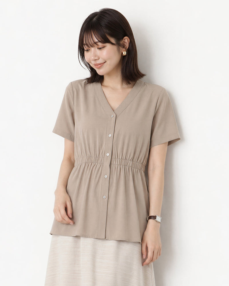 V領收腰短袖襯衫-灰色-3XL