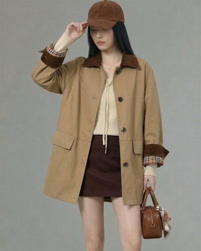 卡其棕撞色翻領廓形中長大衣