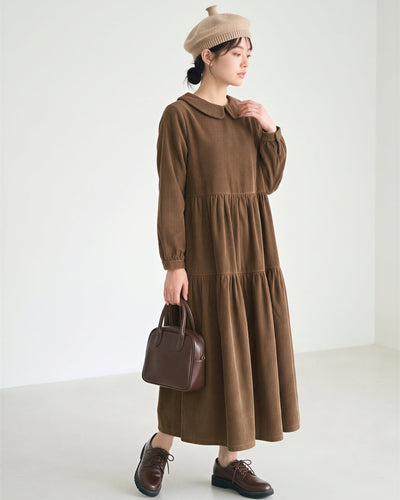「秋季新品 」 M-2XL 娃娃領寬鬆層次長袖洋裝