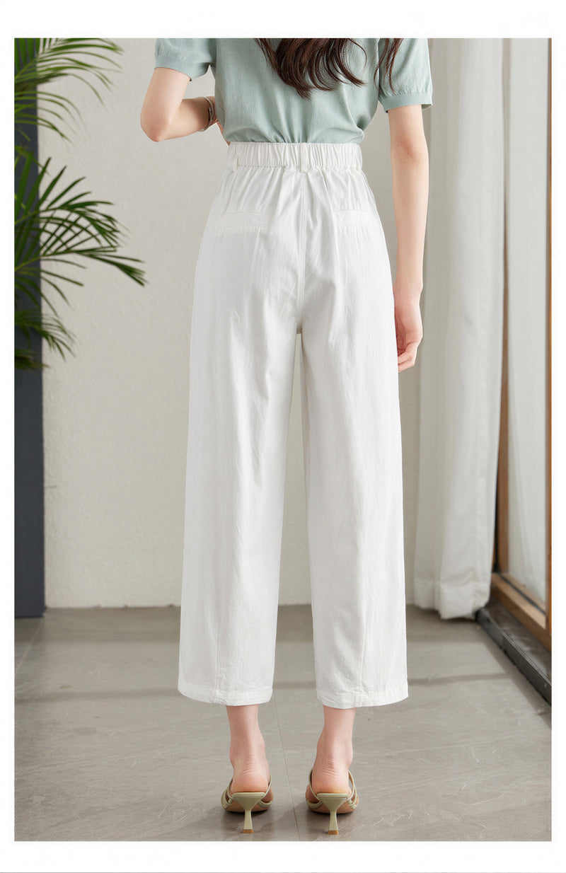 「兩色」 S-XL 高腰打褶九分休閒褲