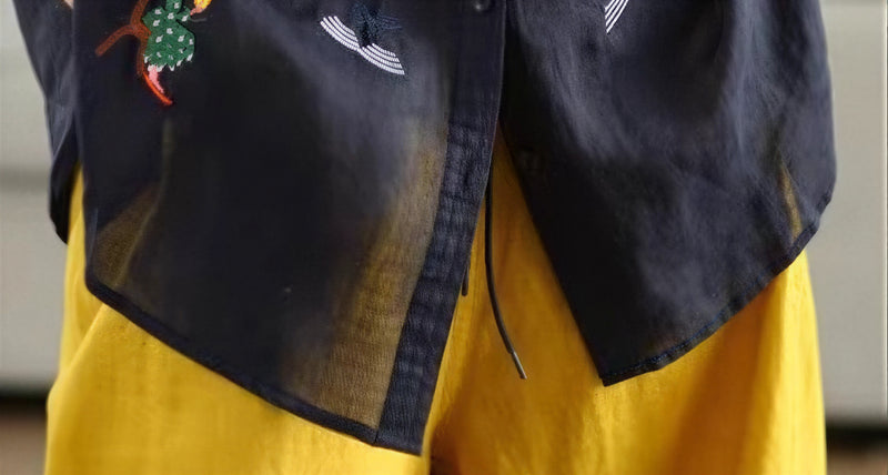 M-4XL 寬鬆刺繡燈籠袖襯衫