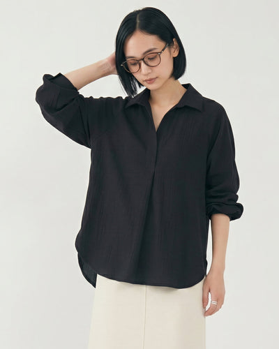翻領V開襟燈籠袖襯衫-黑色-5XL