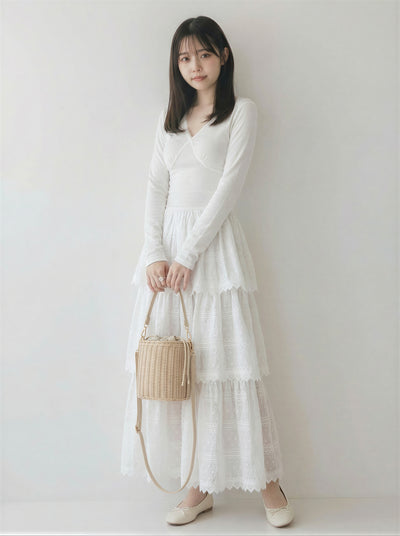 V領修身拼接蛋糕裙擺長版洋裝