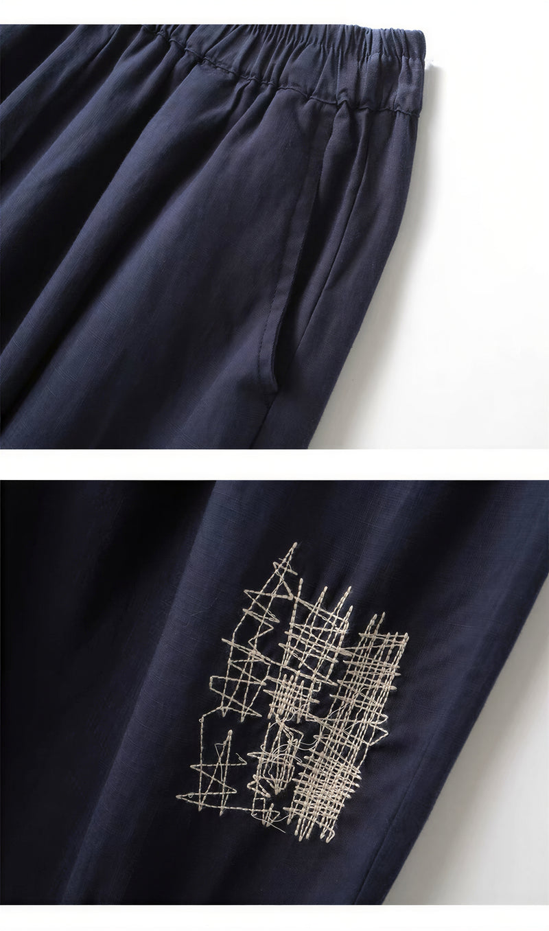 「兩色」M-2XL 亞麻鬆緊高腰刺繡寬褲