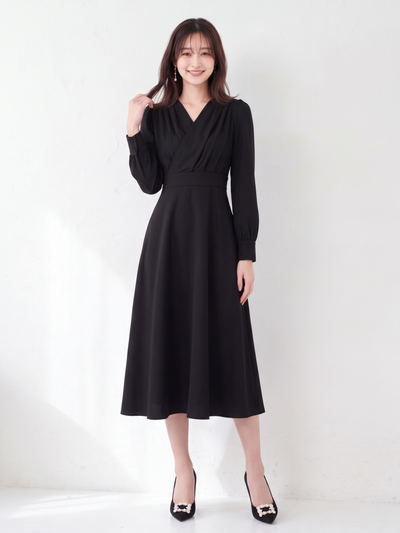 「3色」「秋季新品 」S-XL V領褶襉高腰長袖洋裝