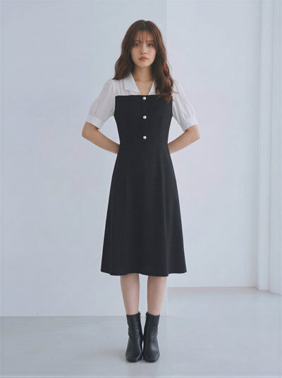 黑白拼接收腰A字裙襯衫領洋裝-黑色-5XL