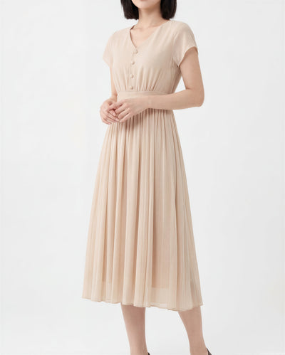 V領斜襟排扣收腰雪紡洋裝-淺米色-2XL