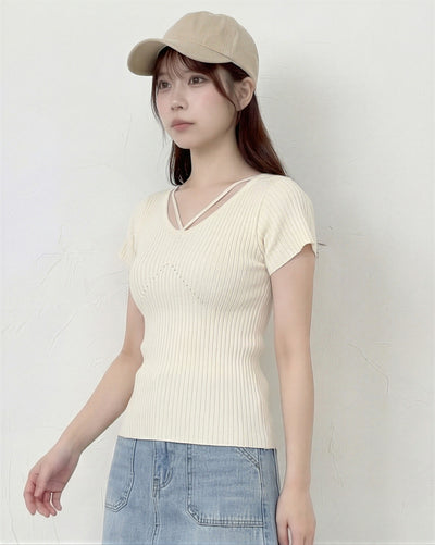 V領交叉肩帶羅紋修身針織上衣-米白色-XL