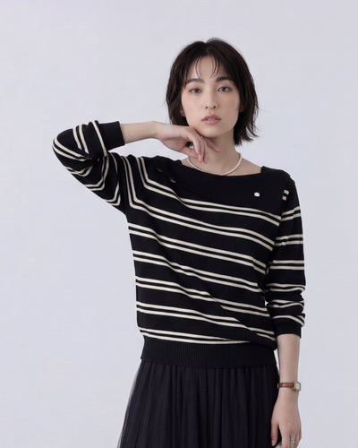 翻領一字領 寬鬆短版針織衫-黑色 X 淺米色-XL