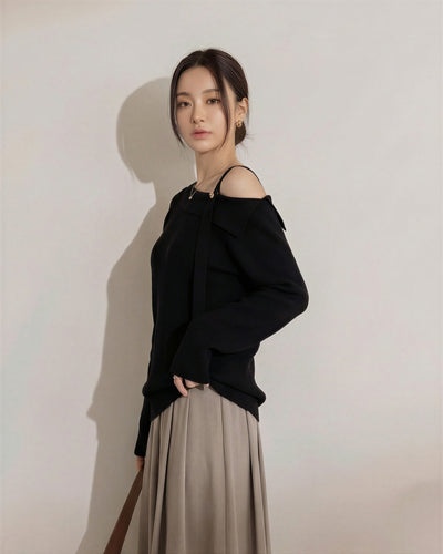 不對稱露肩斜領飄帶針織毛衣-黑色-4XL