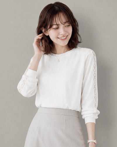 S-3XL 「秋季新品 」立體直紋 | 蕾絲拼接長袖T恤