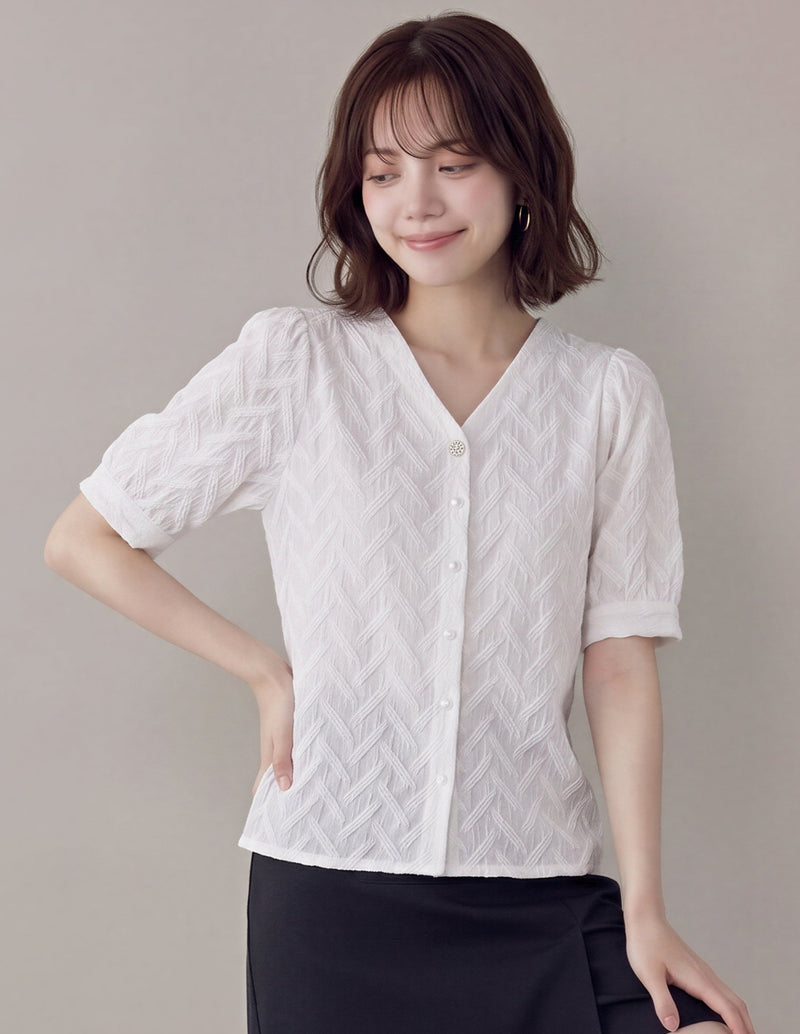 提花V領泡泡袖襯衫-白色-2XL
