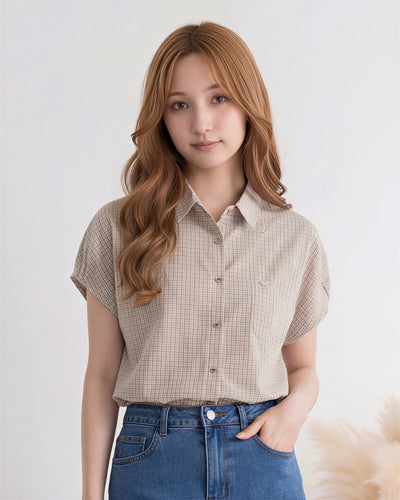淺米色格紋立領落肩短袖襯衫