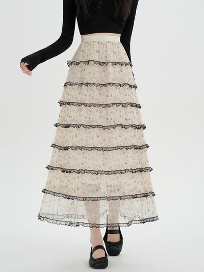 多層荷葉邊 褶皺網紗 長款A字半身裙