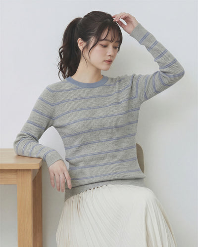 細羅紋橫條紋圓領修身針織衫-銀灰色 X 淺藍色-L