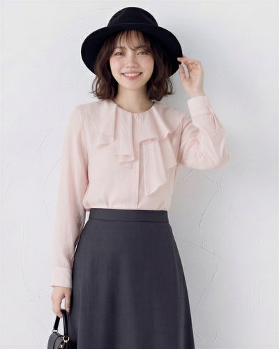 淺粉色荷葉大翻領前襟抓褶長袖襯衫-淺粉色-L