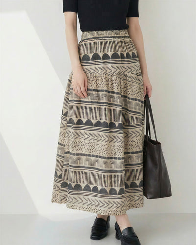 抽繩鬆緊腰幾何印花大擺傘裙