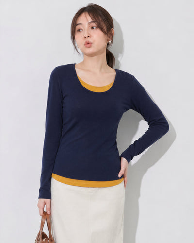 S-XL 深藍色疊穿感 | 圓領修身假兩件長袖T恤