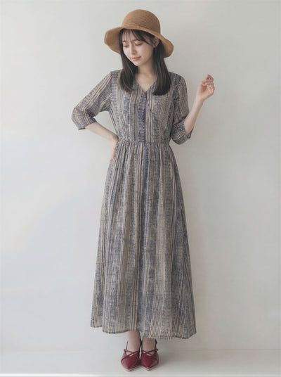 V領直條紋顯瘦收腰長款洋裝-条纹款-2XL