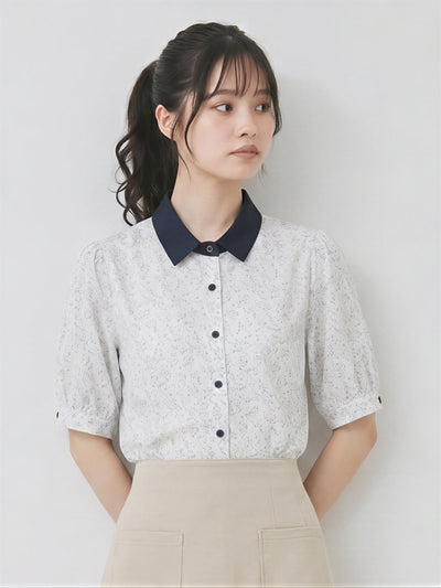 撞色翻領碎花短袖襯衫-白色-2XL