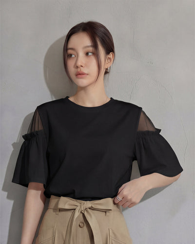 露肩拼接荷葉袖寬鬆短袖T恤-黑色-2XL