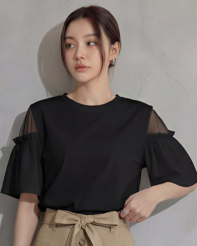 露肩拼接荷葉袖寬鬆短袖T恤-黑色-2XL