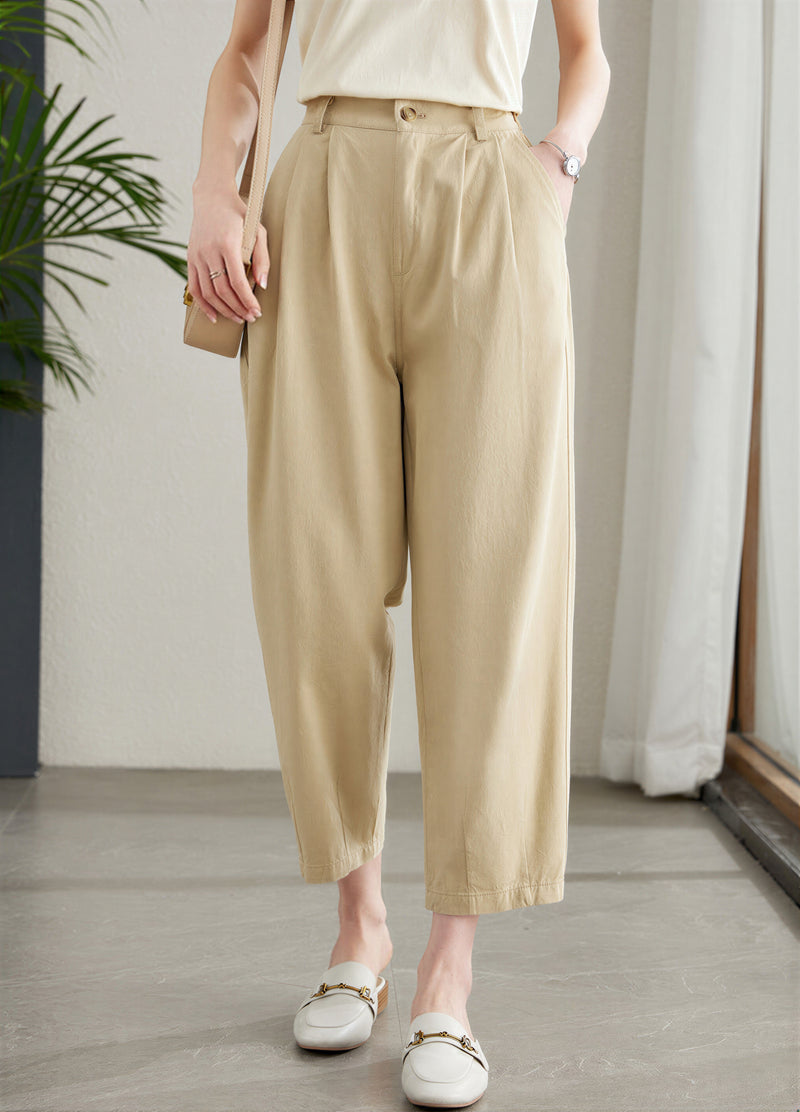 「兩色」 S-XL 高腰打褶九分休閒褲