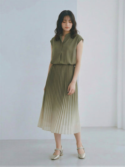 立領V開衩打褶裙擺收腰茶歇洋裝