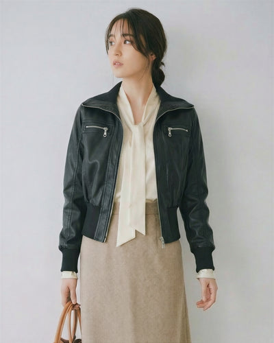 立領短版收腰皮衣