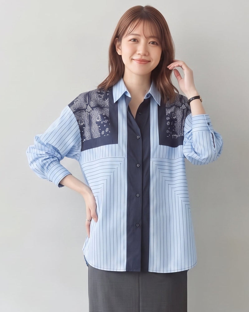 「秋季新品 」L~4XL 拼接條紋印花襯衫