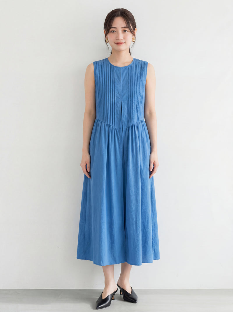 直向壓褶 A字裙襬 無袖背心洋裝-藍色-XL