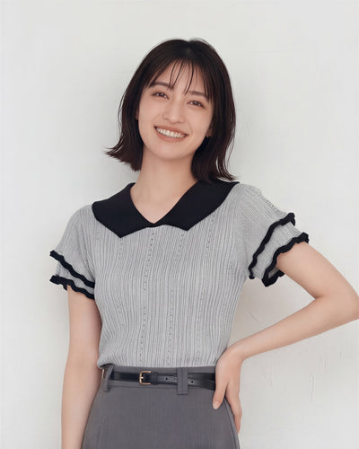 撞色V領木耳邊短袖針織上衣-銀灰色-L