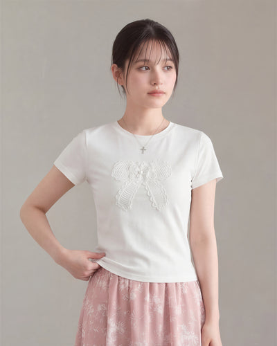 立體蝴蝶結貼花短版修身短袖T恤