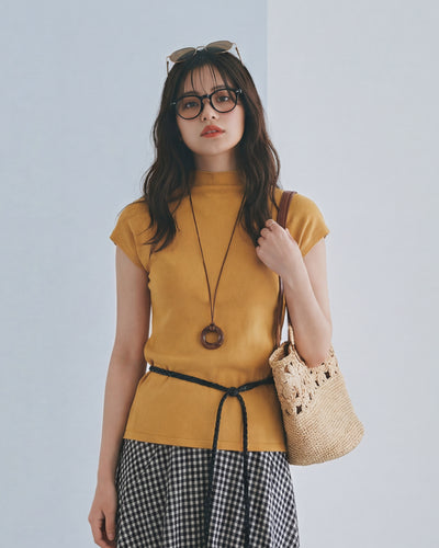 半高領修身顯肩針織短袖-黄色-均碼 (90-120)