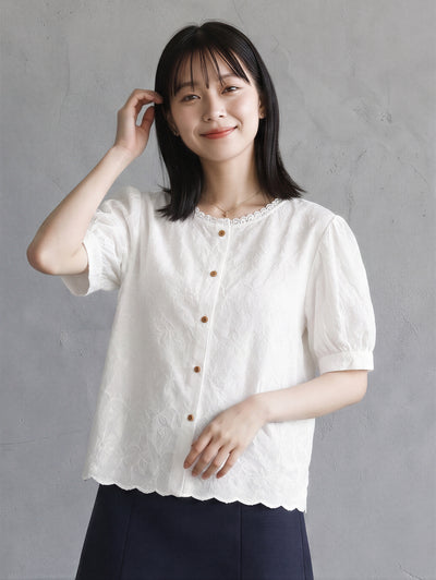 手感柔軟 舒適全棉木耳邊領泡泡袖襯衫-白色-2XL